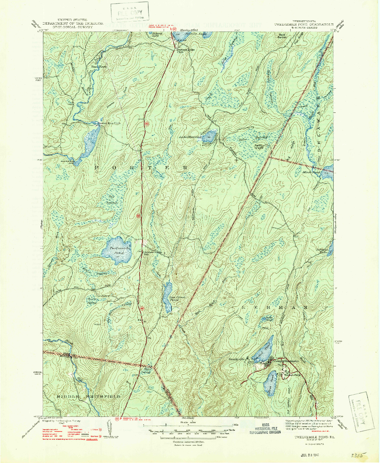 USGS 1:31680-SCALE QUADRANGLE FOR TWELVEMILE POND, PA 1947