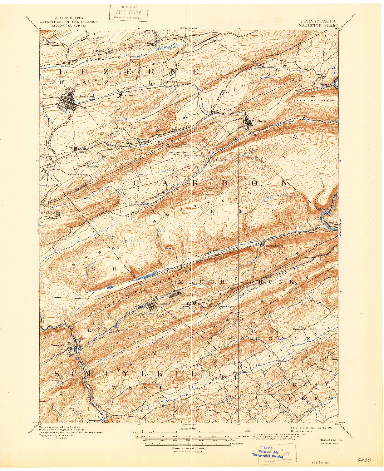 USGS 1:62500-SCALE QUADRANGLE FOR HAZLETON, PA 1893