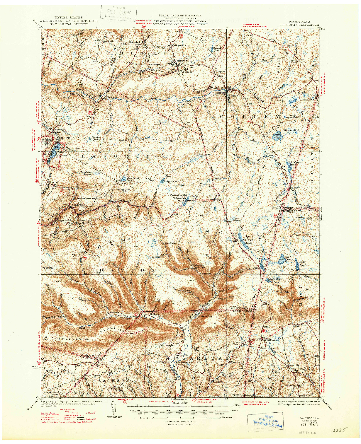 USGS 1:62500-SCALE QUADRANGLE FOR LAPORTE, PA 1934