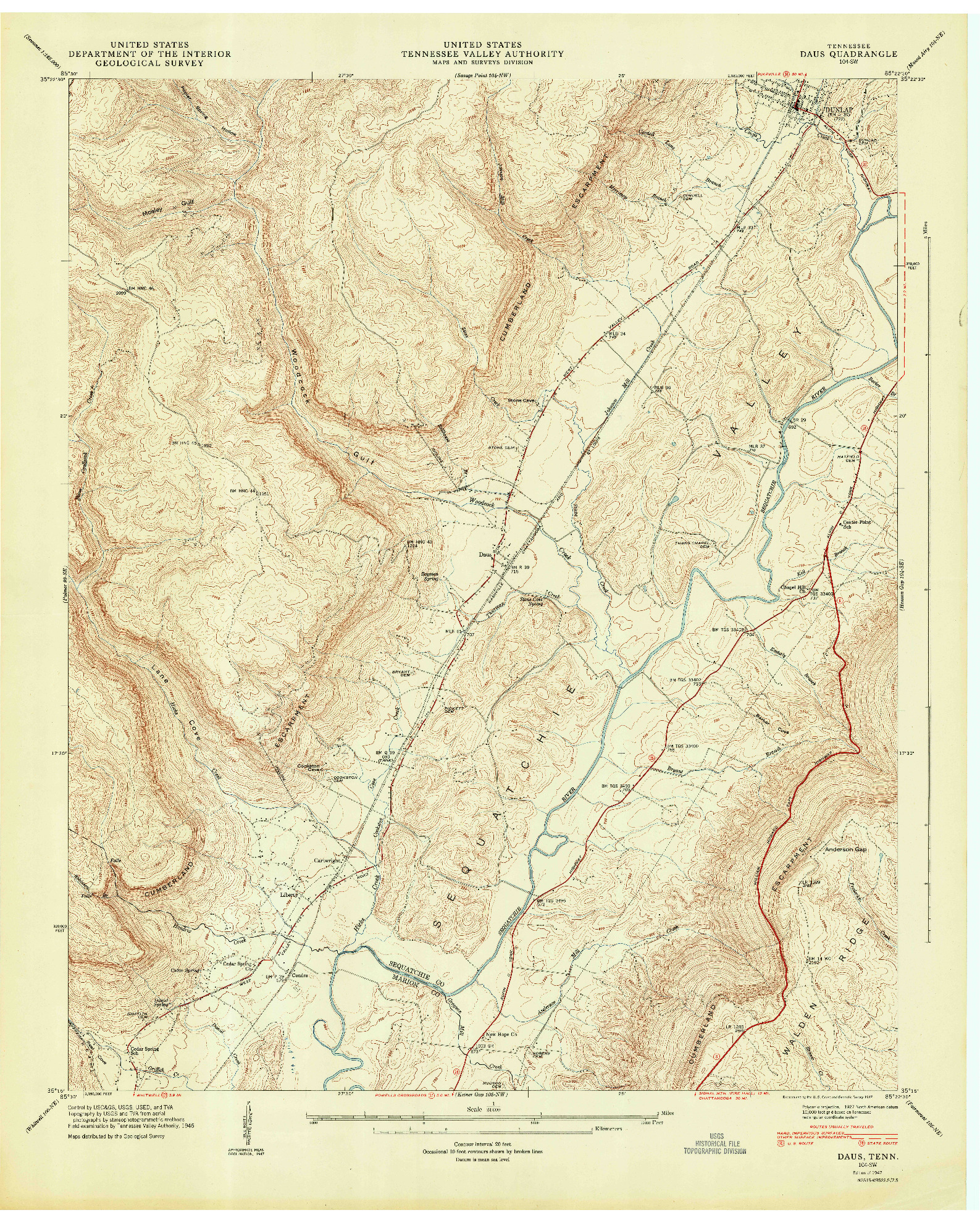 USGS 1:24000-SCALE QUADRANGLE FOR DAUS, TN 1947