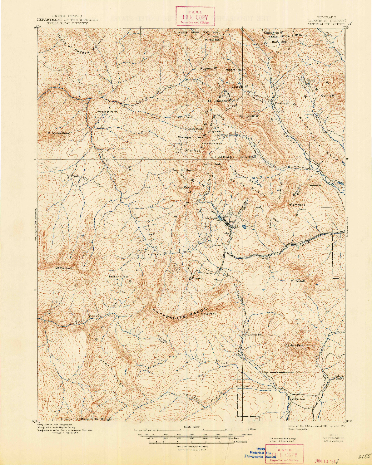 USGS 1:62500-SCALE QUADRANGLE FOR ANTHRACITE, CO 1893