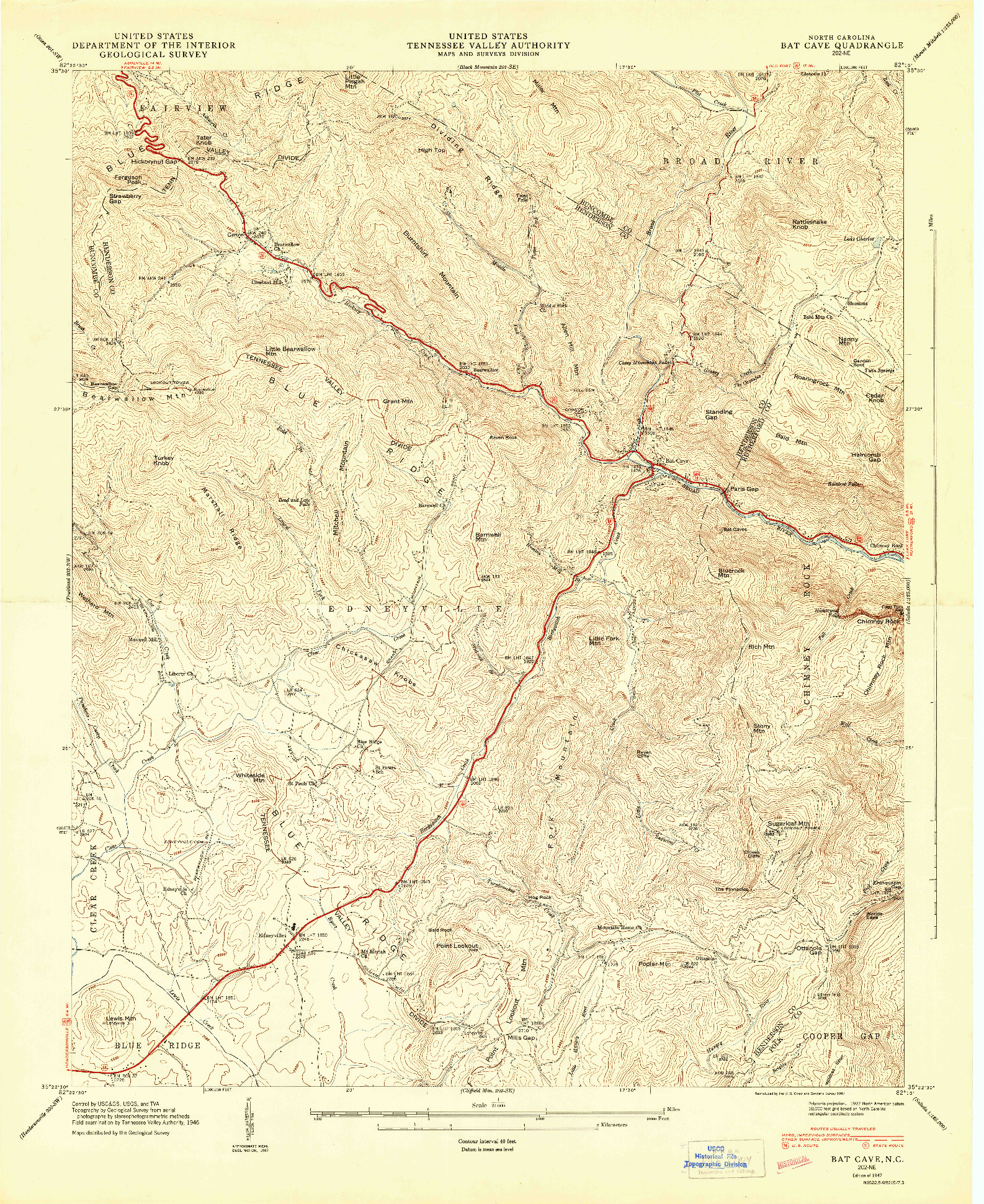 USGS 1:24000-SCALE QUADRANGLE FOR BAT CAVE, NC 1947