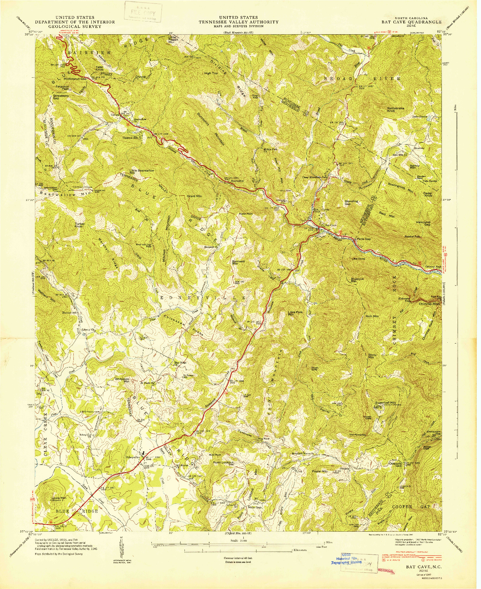 USGS 1:24000-SCALE QUADRANGLE FOR BAT CAVE, NC 1947
