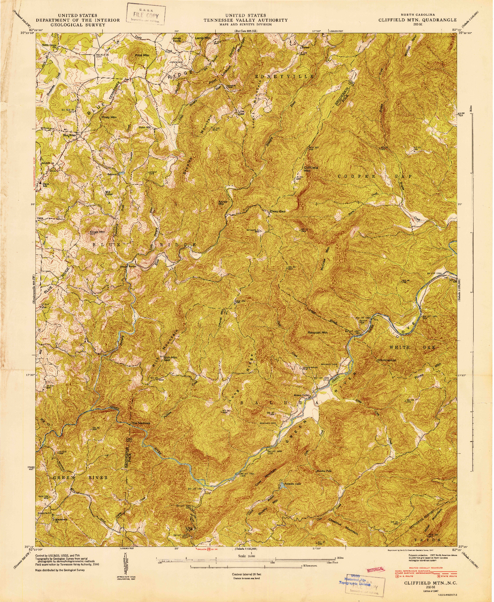 USGS 1:24000-SCALE QUADRANGLE FOR CLIFFIELD MTN, NC 1947