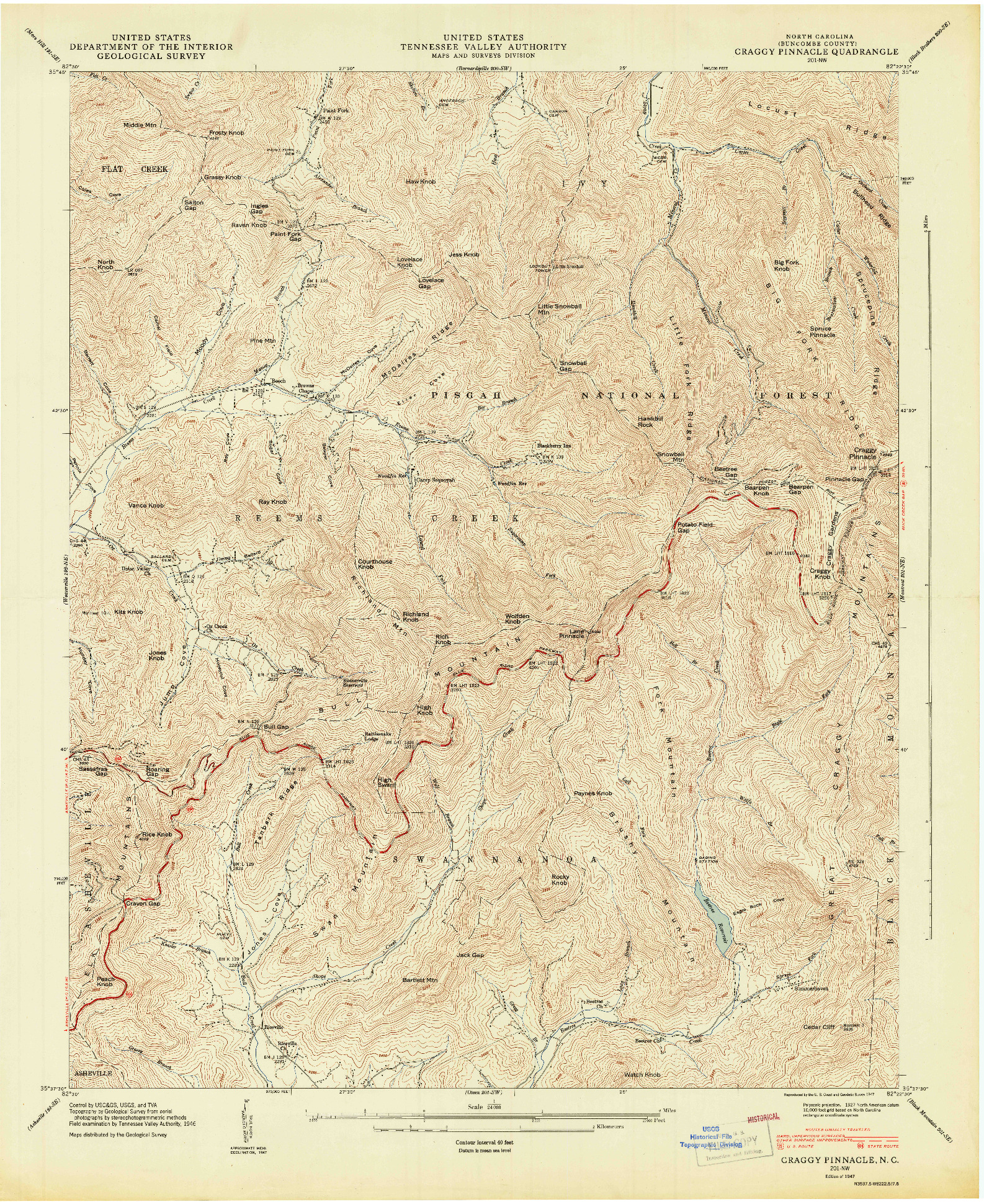 USGS 1:24000-SCALE QUADRANGLE FOR CRAGGY PINNACLE, NC 1947