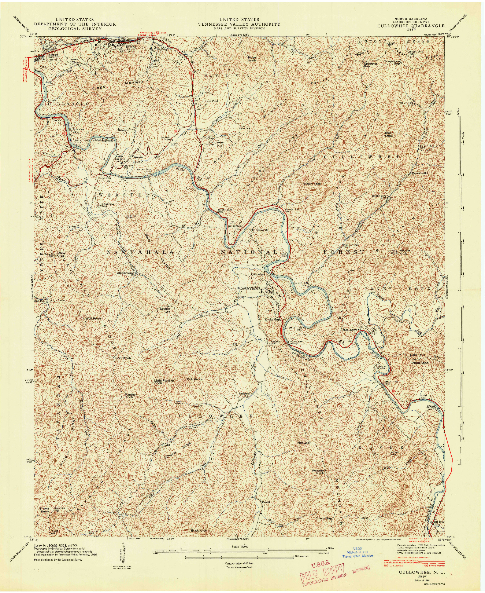 USGS 1:24000-SCALE QUADRANGLE FOR CULLOWHEE, NC 1946