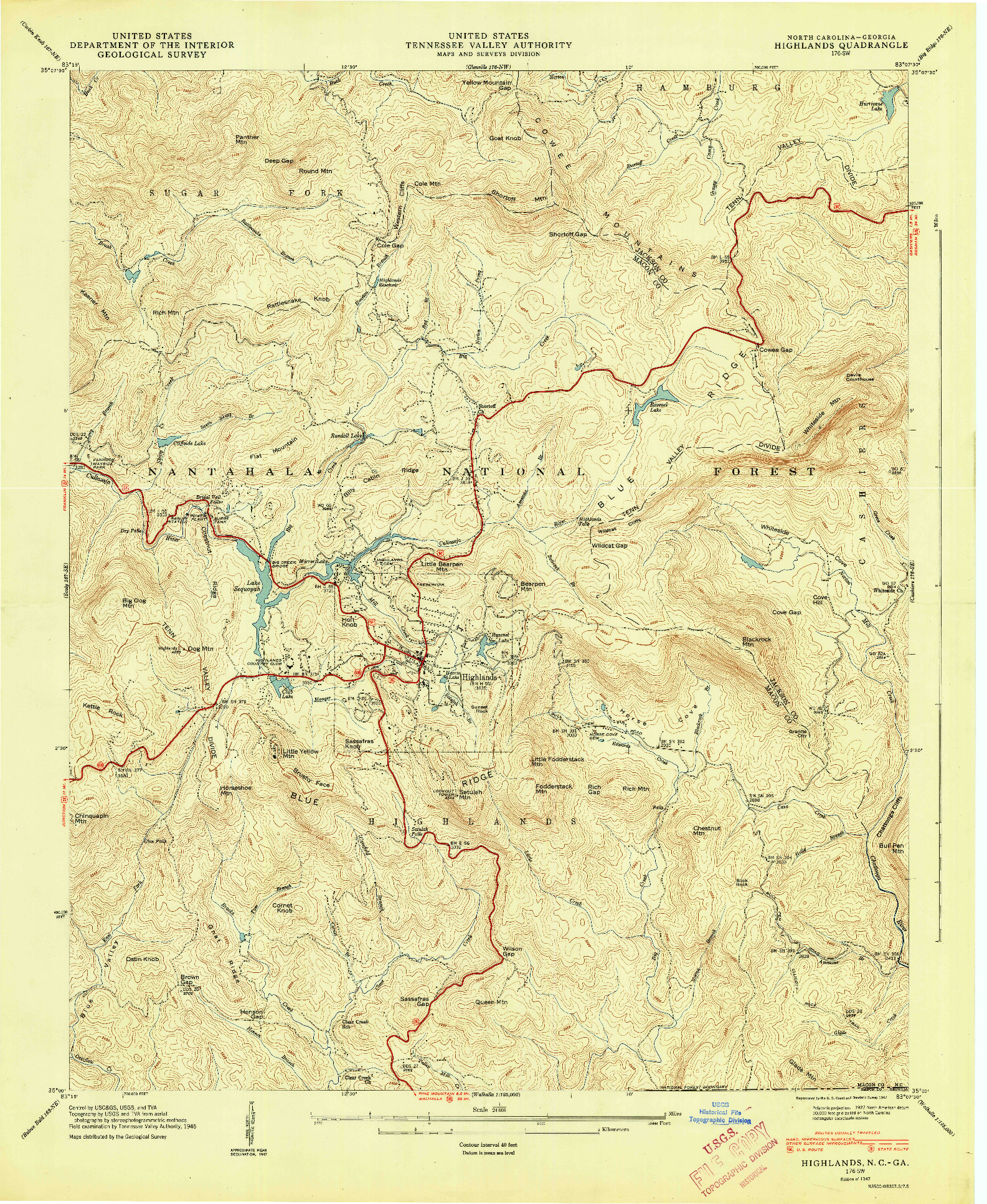 USGS 1:24000-SCALE QUADRANGLE FOR HIGHLANDS, NC 1947