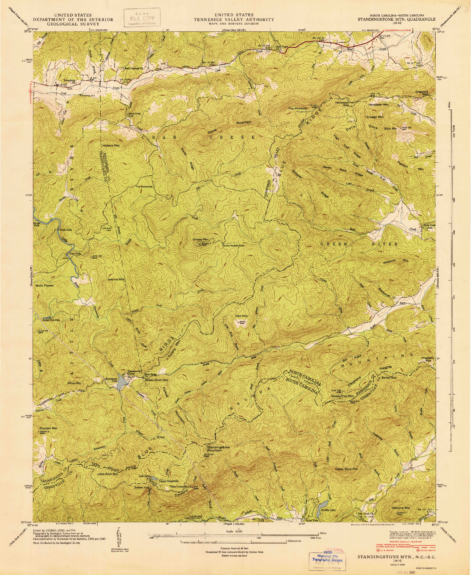 USGS 1:24000-SCALE QUADRANGLE FOR STANDINGSTONE MTN., NC 1946