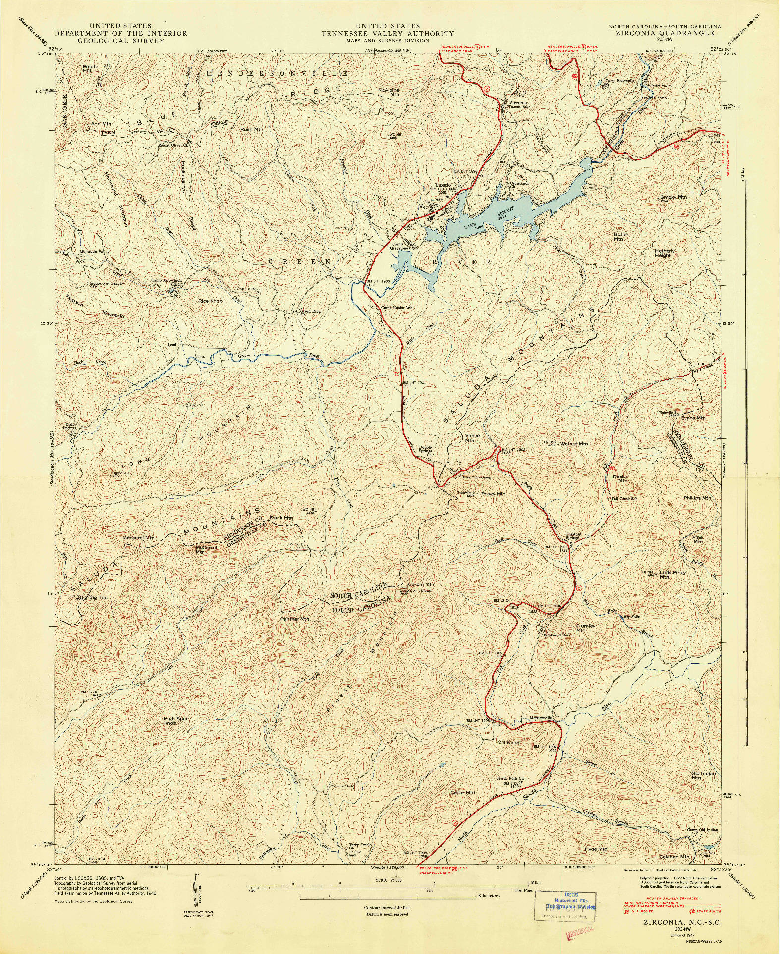 USGS 1:24000-SCALE QUADRANGLE FOR ZIRCONIA, NC 1947