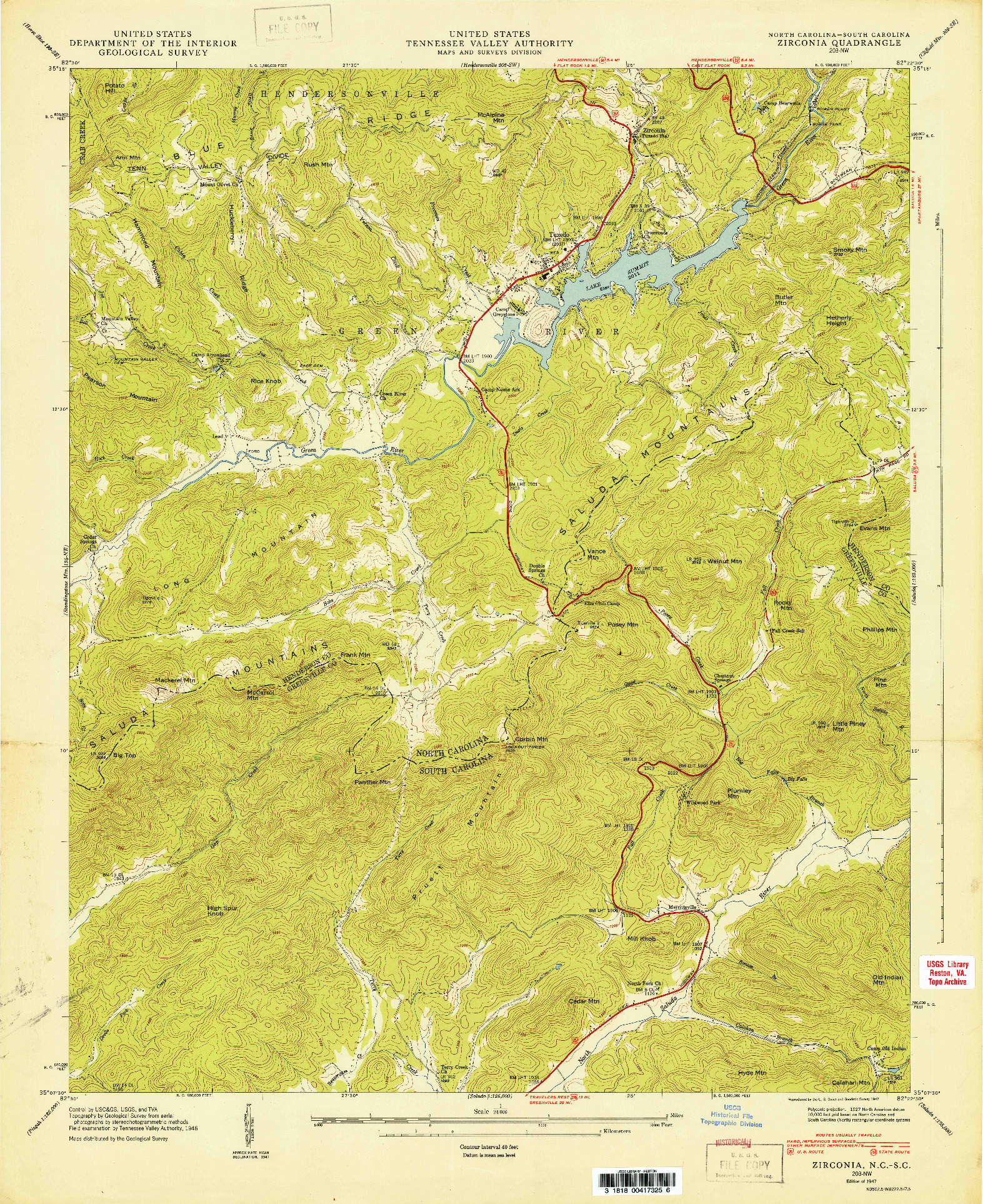 USGS 1:24000-SCALE QUADRANGLE FOR ZIRCONIA, NC 1947