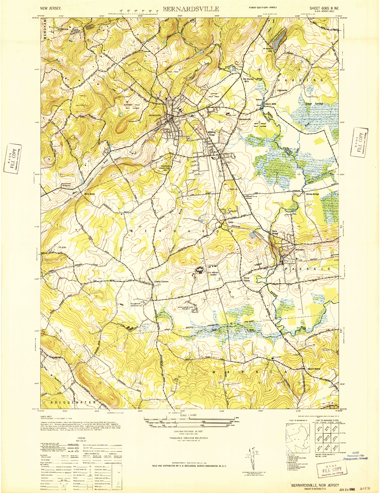 USGS 1:24000-SCALE QUADRANGLE FOR BERNARDSVILLE, NJ 1947