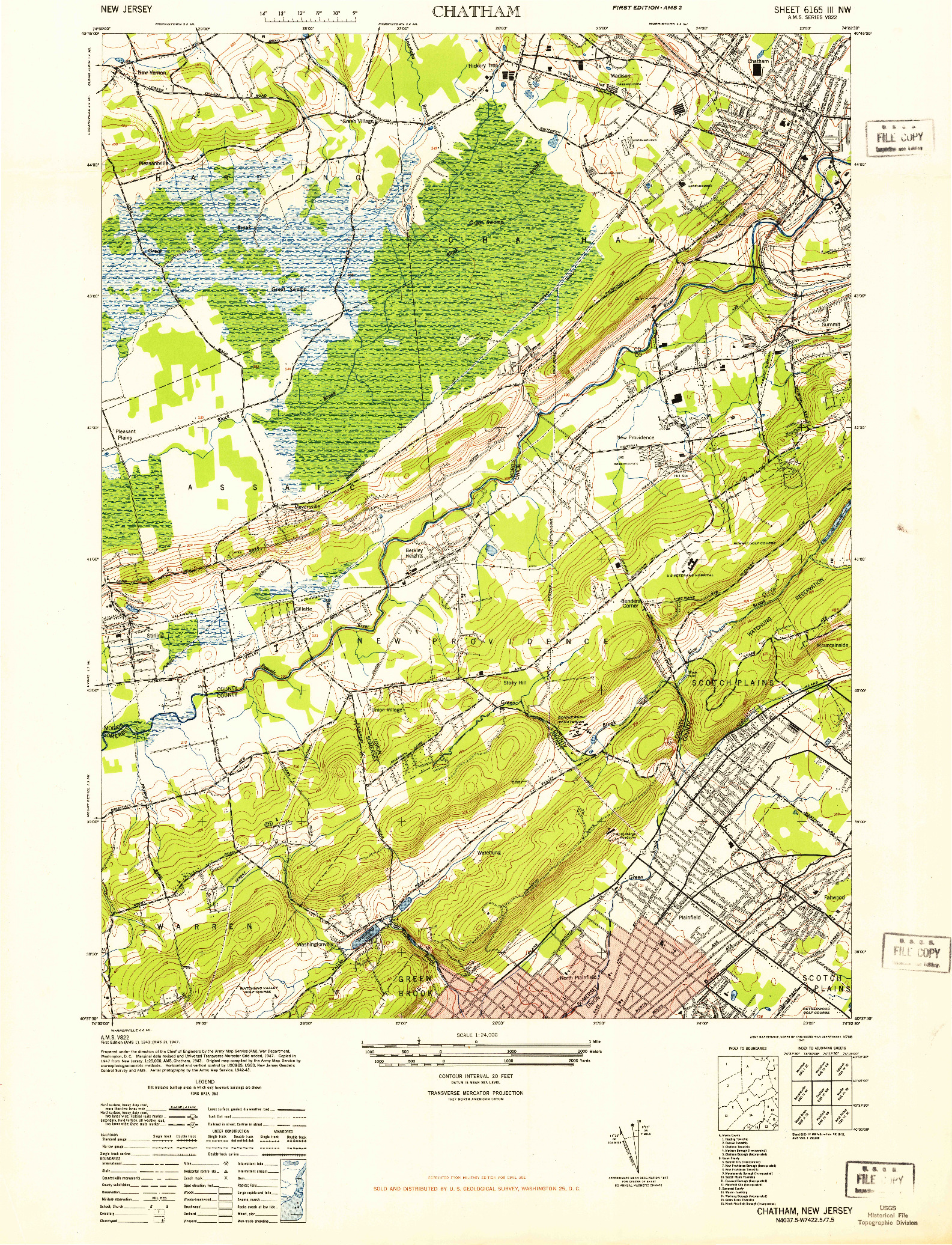 USGS 1:24000-SCALE QUADRANGLE FOR CHATHAM, NJ 1947