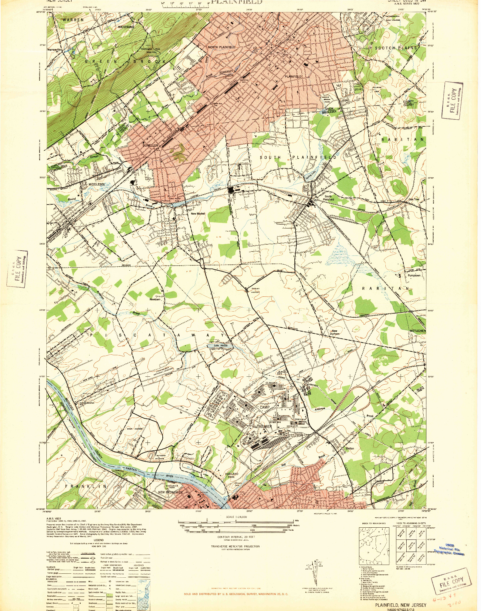 USGS 1:24000-SCALE QUADRANGLE FOR PLAINFIELD, NJ 1947