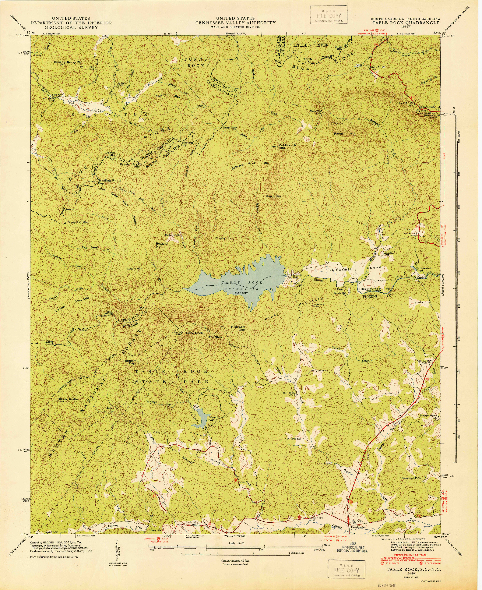 USGS 1:24000-SCALE QUADRANGLE FOR TABLE ROCK, SC 1947