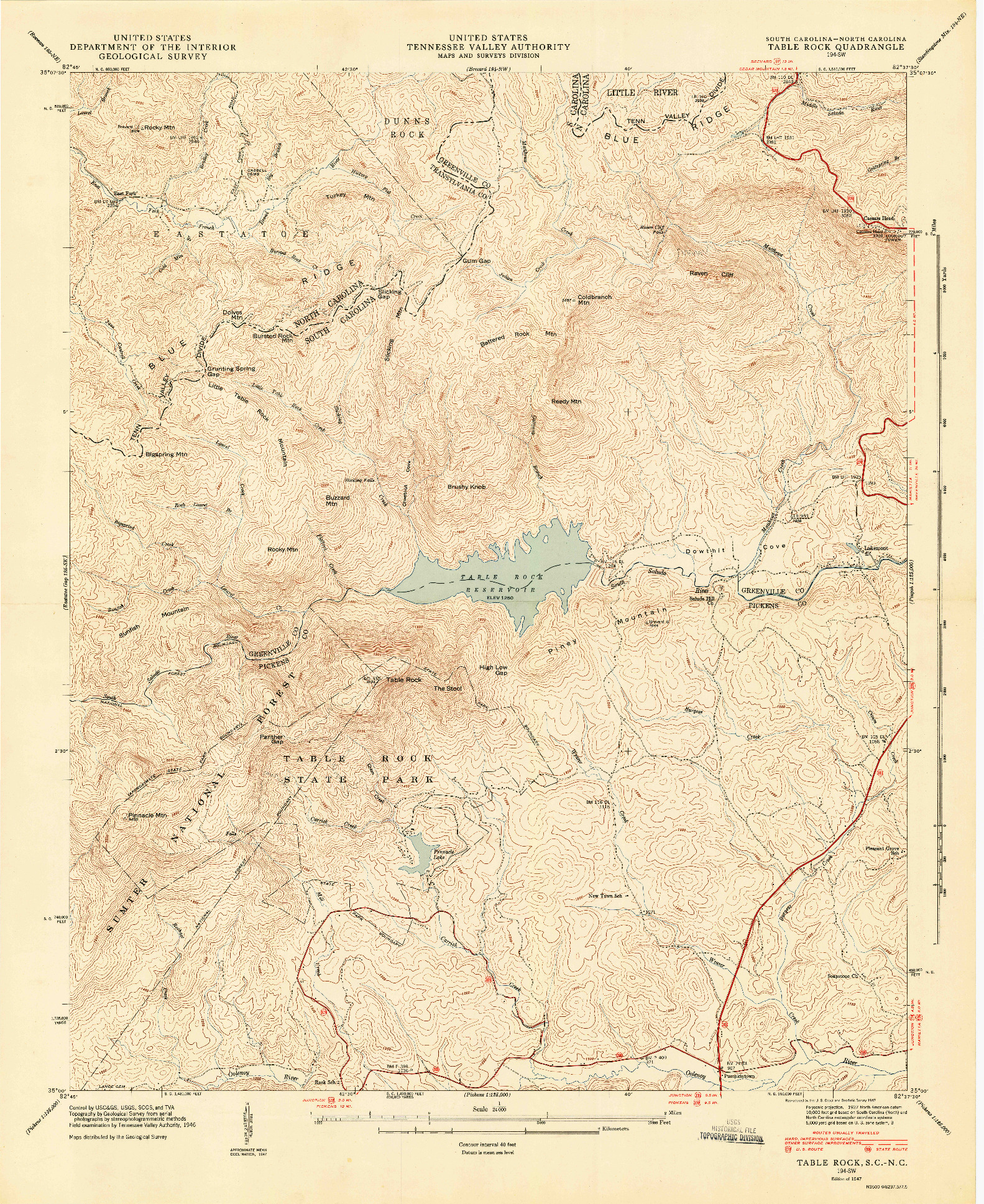 USGS 1:24000-SCALE QUADRANGLE FOR TABLE ROCK, SC 1947