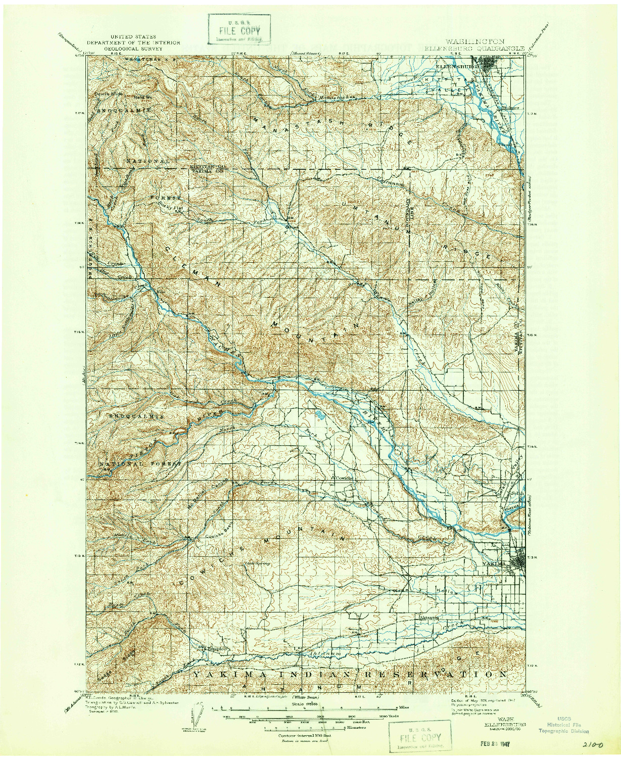 USGS 1:125000-SCALE QUADRANGLE FOR ELLENSBURG, WA 1901