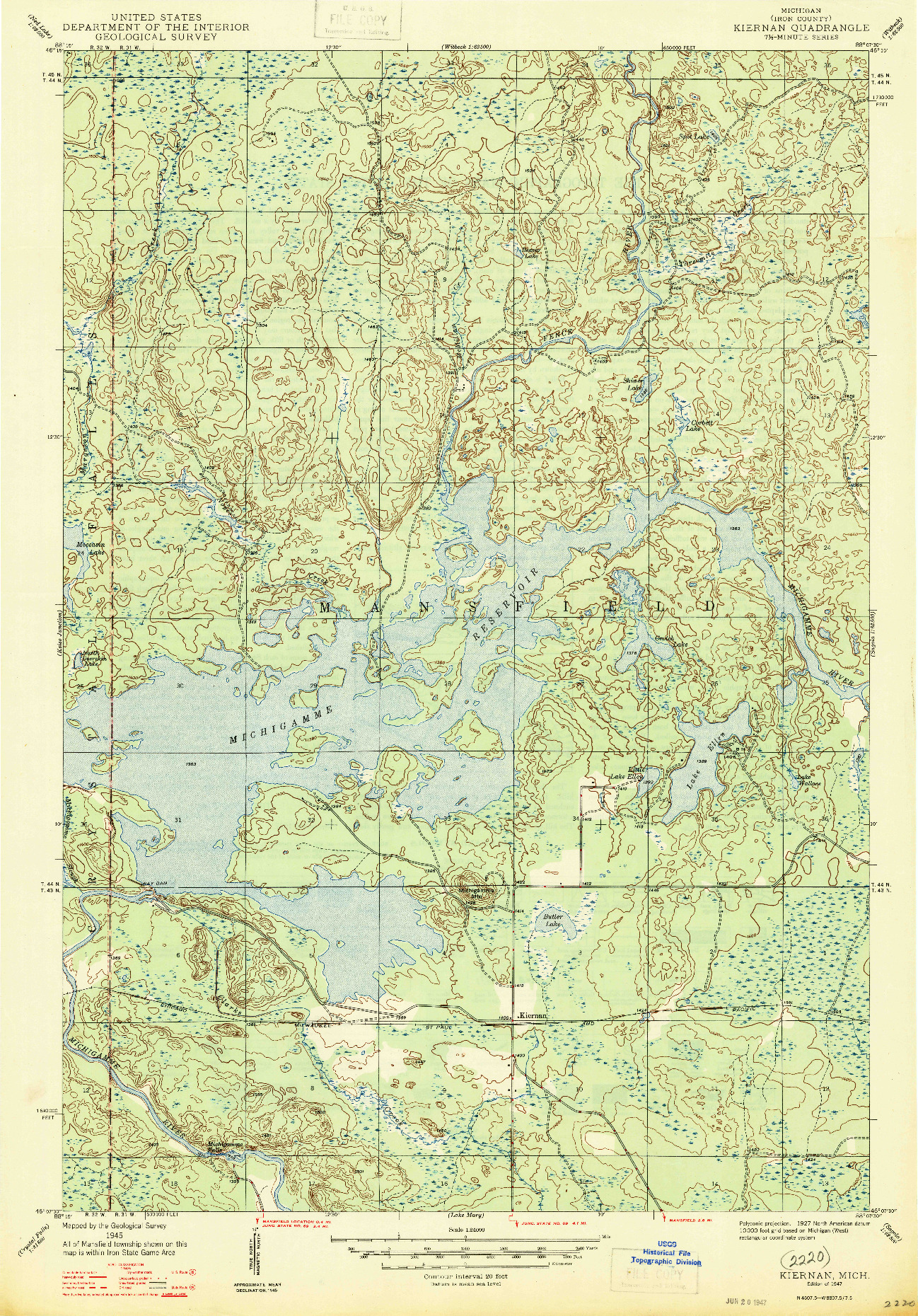 USGS 1:24000-SCALE QUADRANGLE FOR KIERNAN, MI 1947