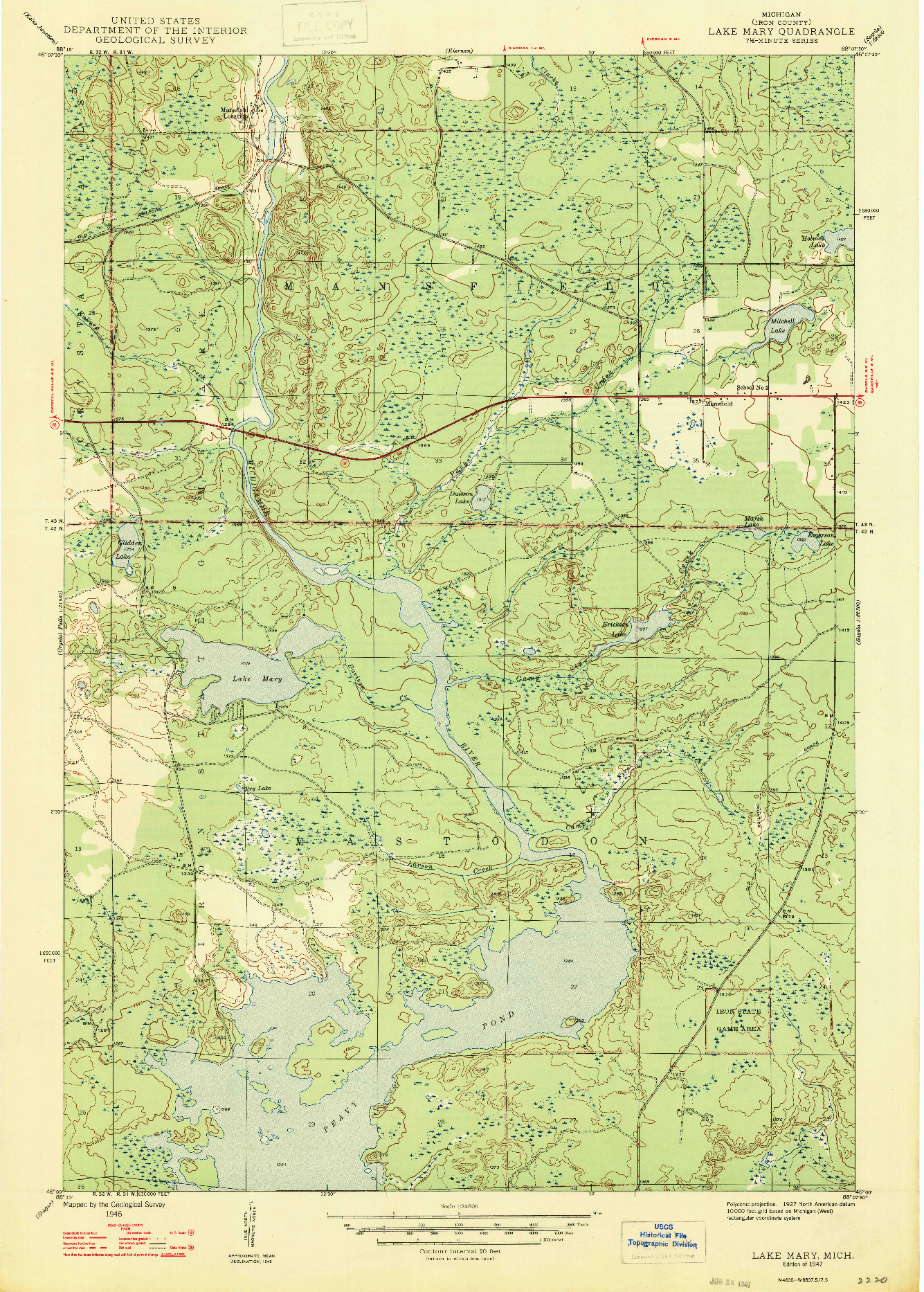 USGS 1:24000-SCALE QUADRANGLE FOR LAKE MARY, MI 1947