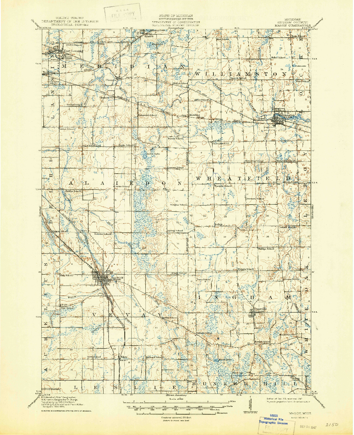 USGS 1:62500-SCALE QUADRANGLE FOR MASON, MI 1911