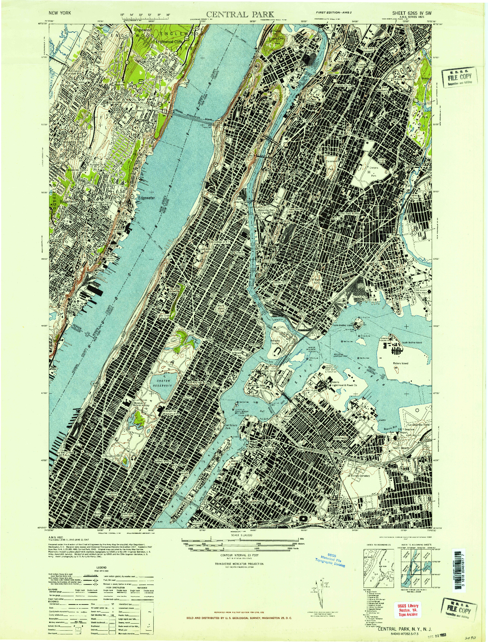 USGS 1:24000-SCALE QUADRANGLE FOR CENTRAL PARK, NY 1947