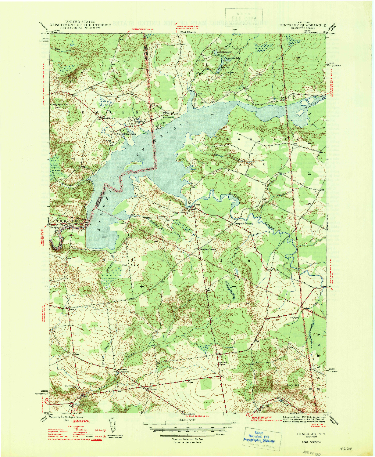 USGS 1:31680-SCALE QUADRANGLE FOR HINCKLEY, NY 1947