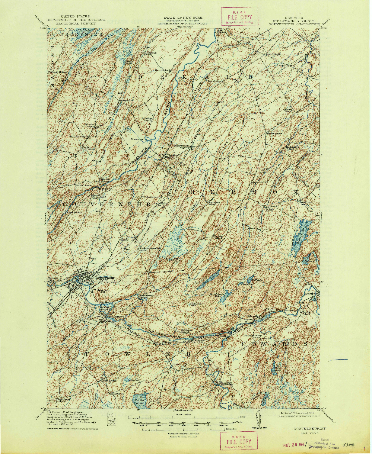 USGS 1:62500-SCALE QUADRANGLE FOR GOUVERNEUR, NY 1915