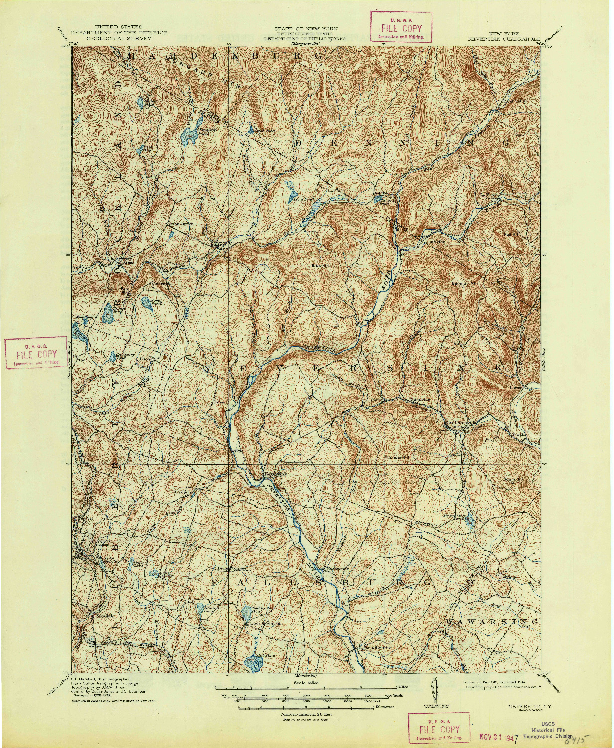 USGS 1:62500-SCALE QUADRANGLE FOR NEVERSINK, NY 1910