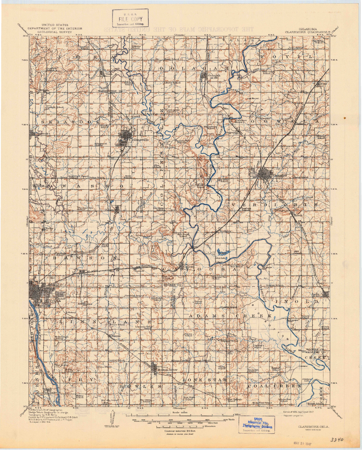 USGS 1:125000-SCALE QUADRANGLE FOR CLAREMORE, OK 1916