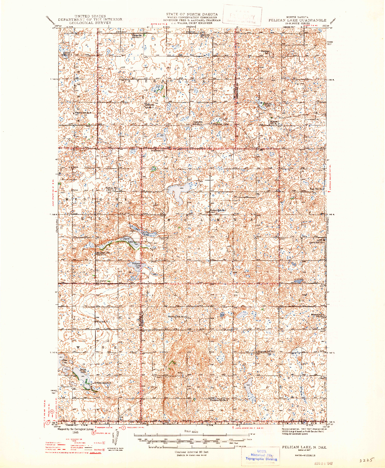 USGS 1:62500-SCALE QUADRANGLE FOR PELICAN LAKE, ND 1947