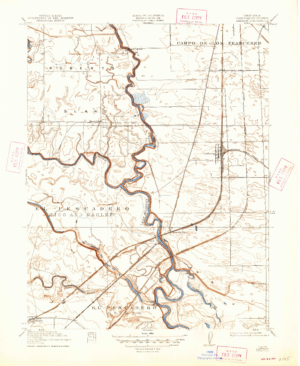 USGS 1:31680-SCALE QUADRANGLE FOR LATHROP, CA 1915
