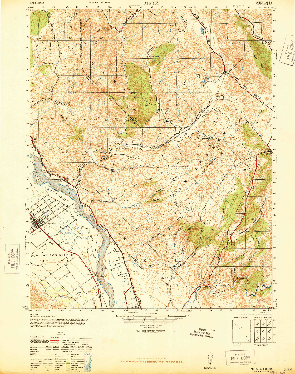 USGS 1:62500-SCALE QUADRANGLE FOR METZ, CA 1947