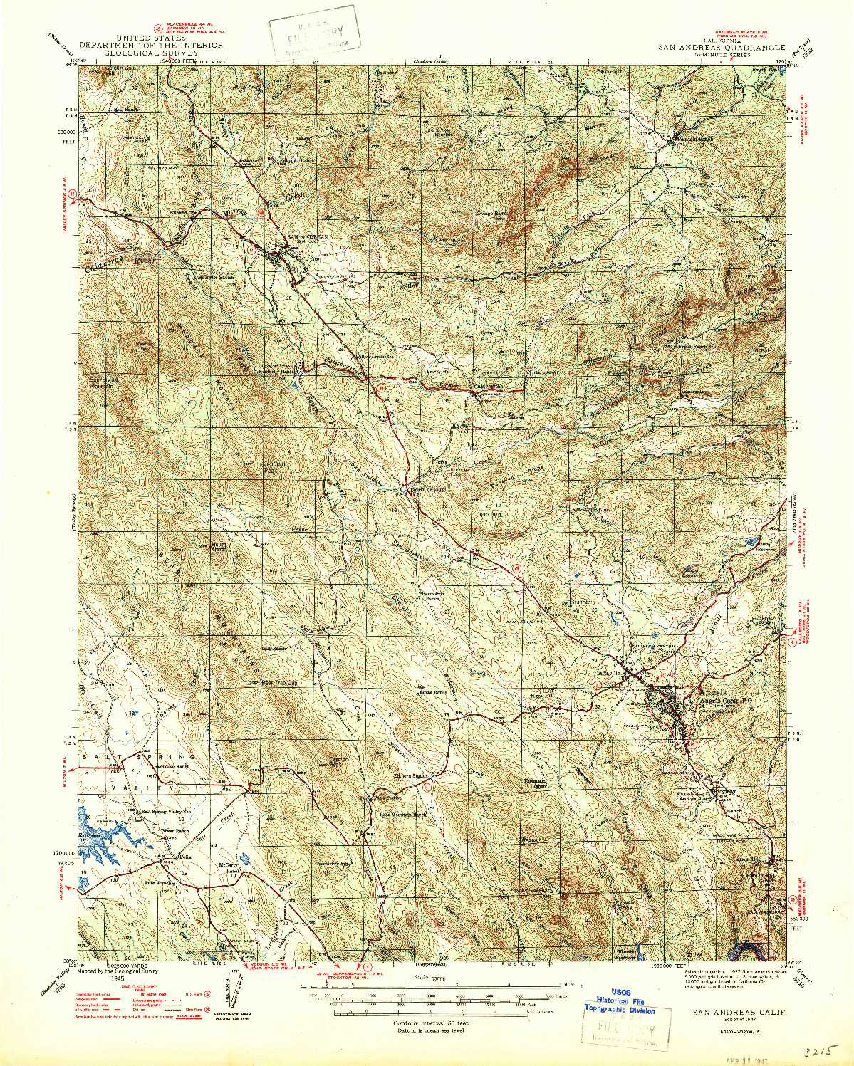 USGS 1:62500-SCALE QUADRANGLE FOR SAN ANDREAS, CA 1947