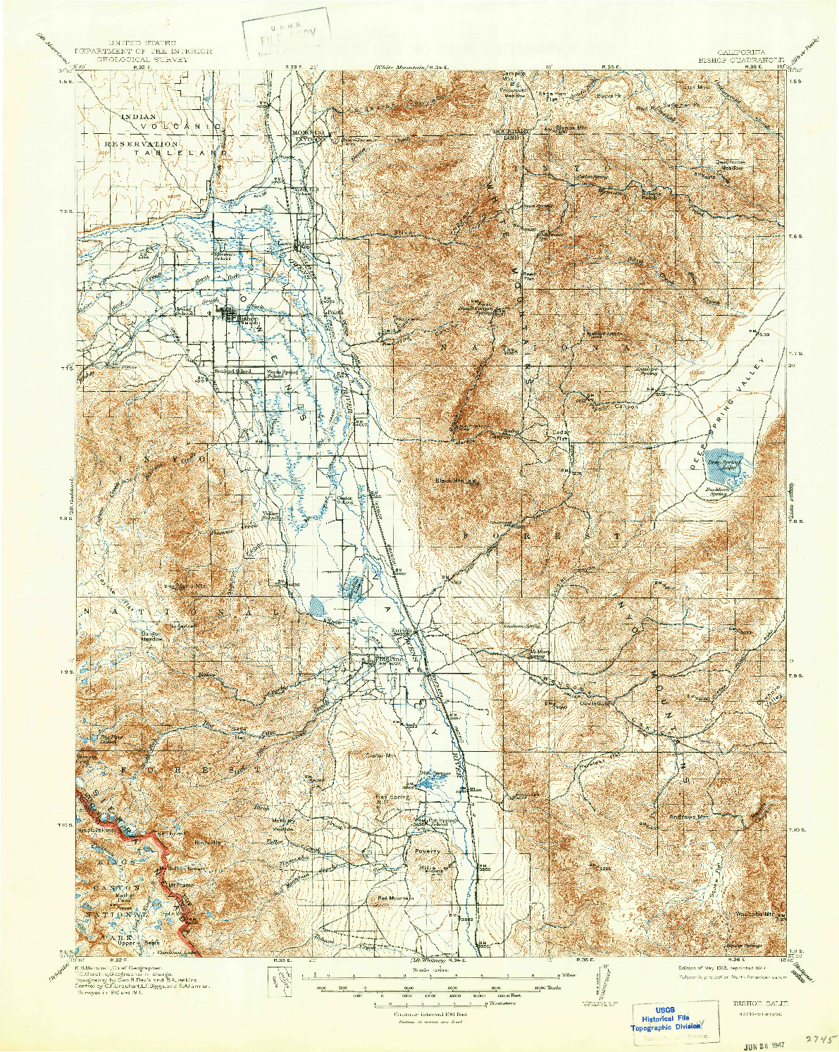 USGS 1:125000-SCALE QUADRANGLE FOR BISHOP, CA 1913