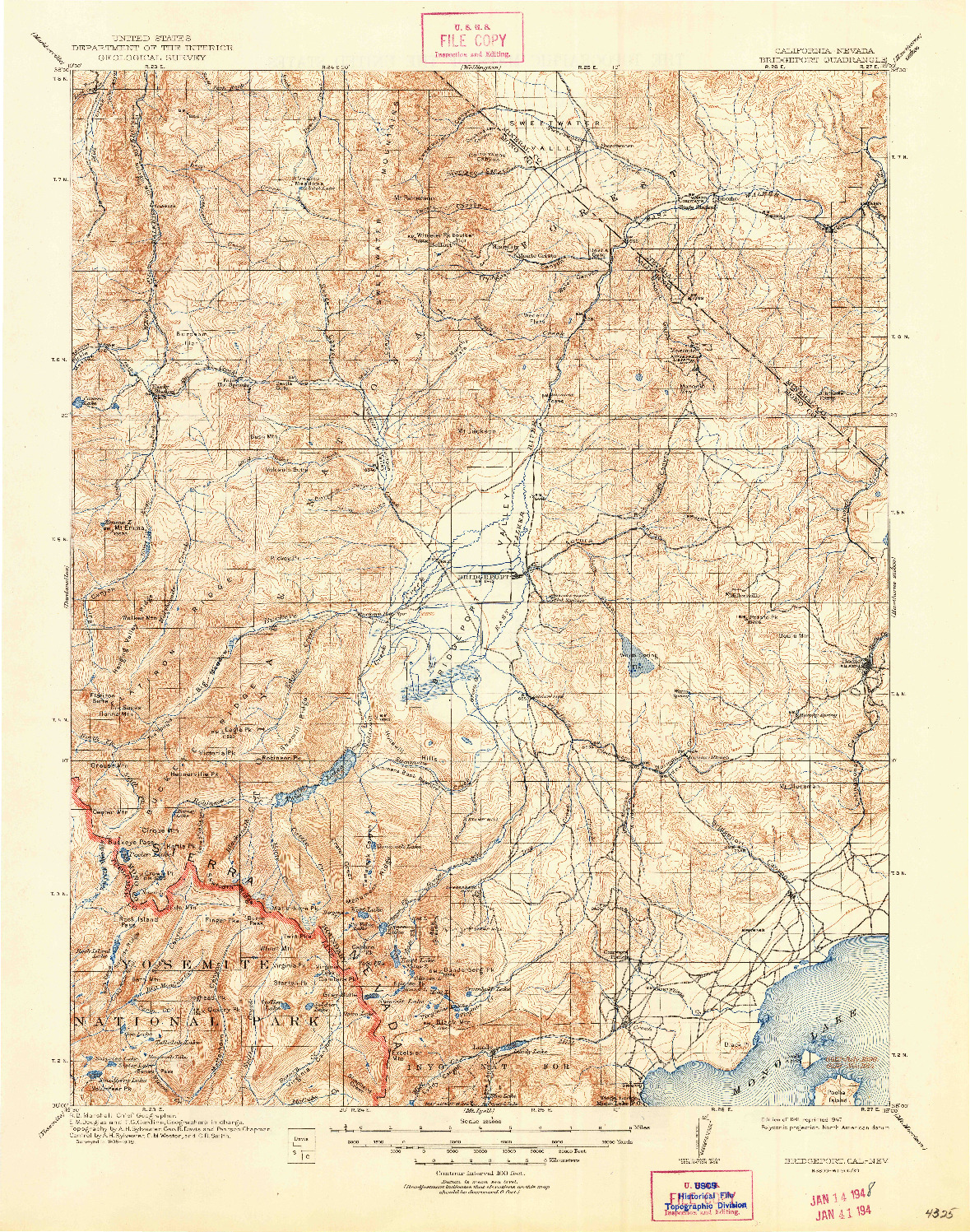 USGS 1:125000-SCALE QUADRANGLE FOR BRIDGEPORT, CA 1911