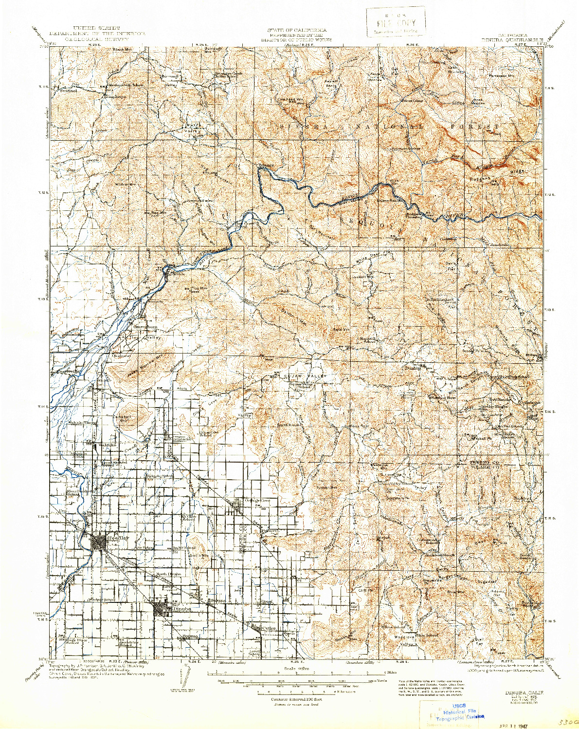 USGS 1:125000-SCALE QUADRANGLE FOR DINUBA, CA 1924