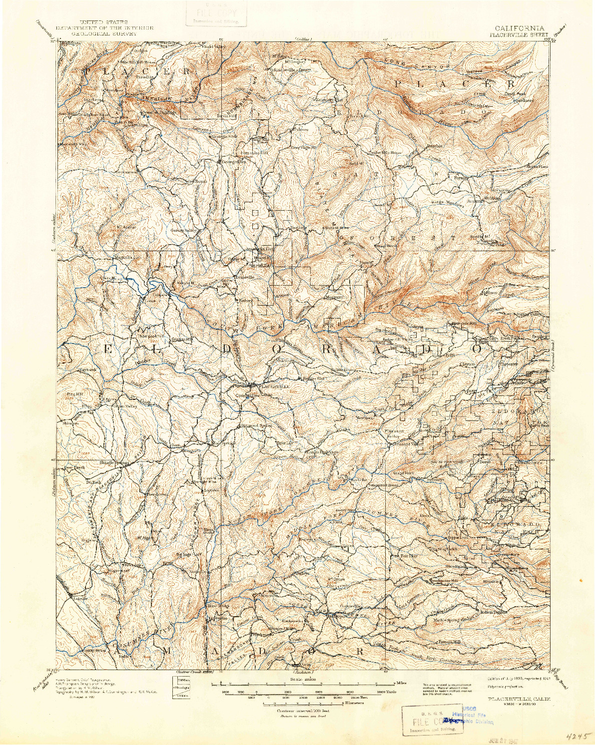 USGS 1:125000-SCALE QUADRANGLE FOR PLACERVILLE, CA 1893