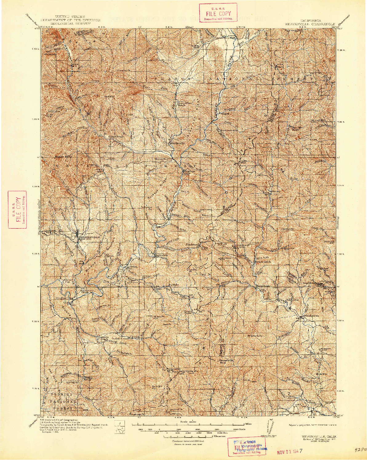 USGS 1:125000-SCALE QUADRANGLE FOR WEAVERVILLE, CA 1913