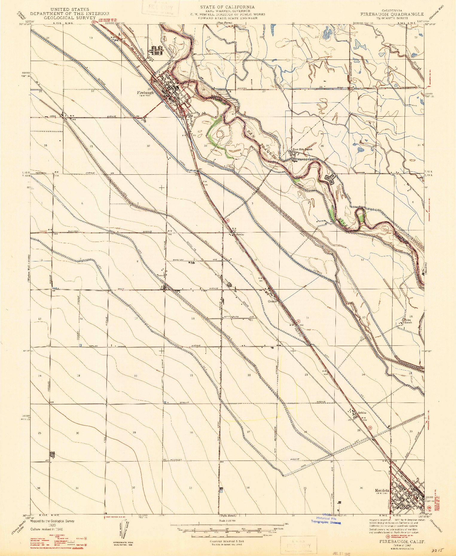 USGS 1:24000-SCALE QUADRANGLE FOR FIREBAUGH, CA 1947