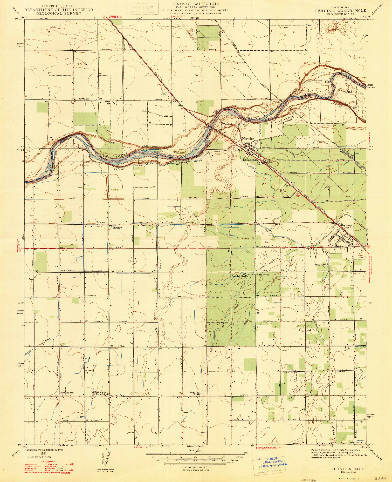 USGS 1:24000-SCALE QUADRANGLE FOR HERNDON, CA 1947
