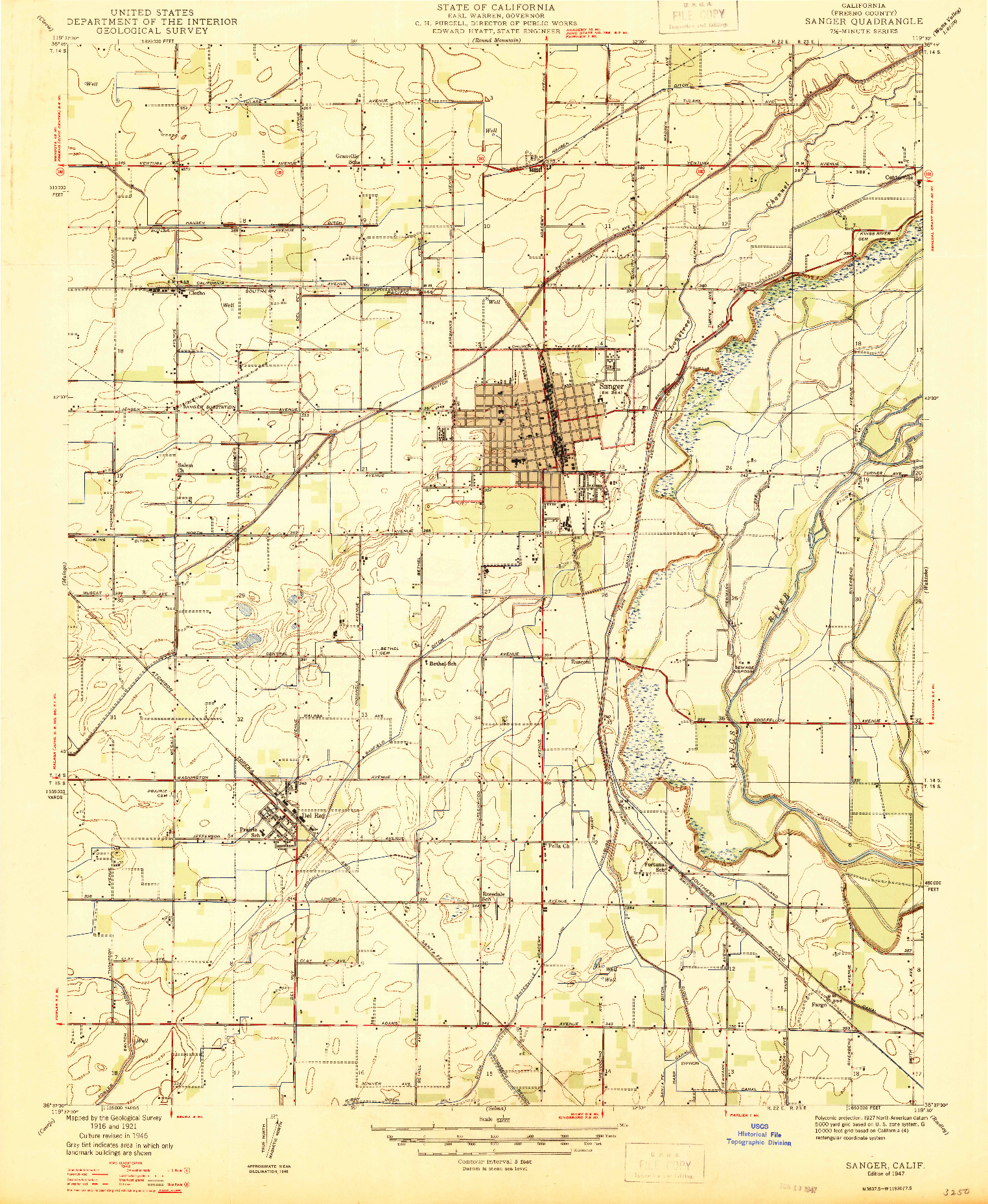 USGS 1:24000-SCALE QUADRANGLE FOR SANGER, CA 1947