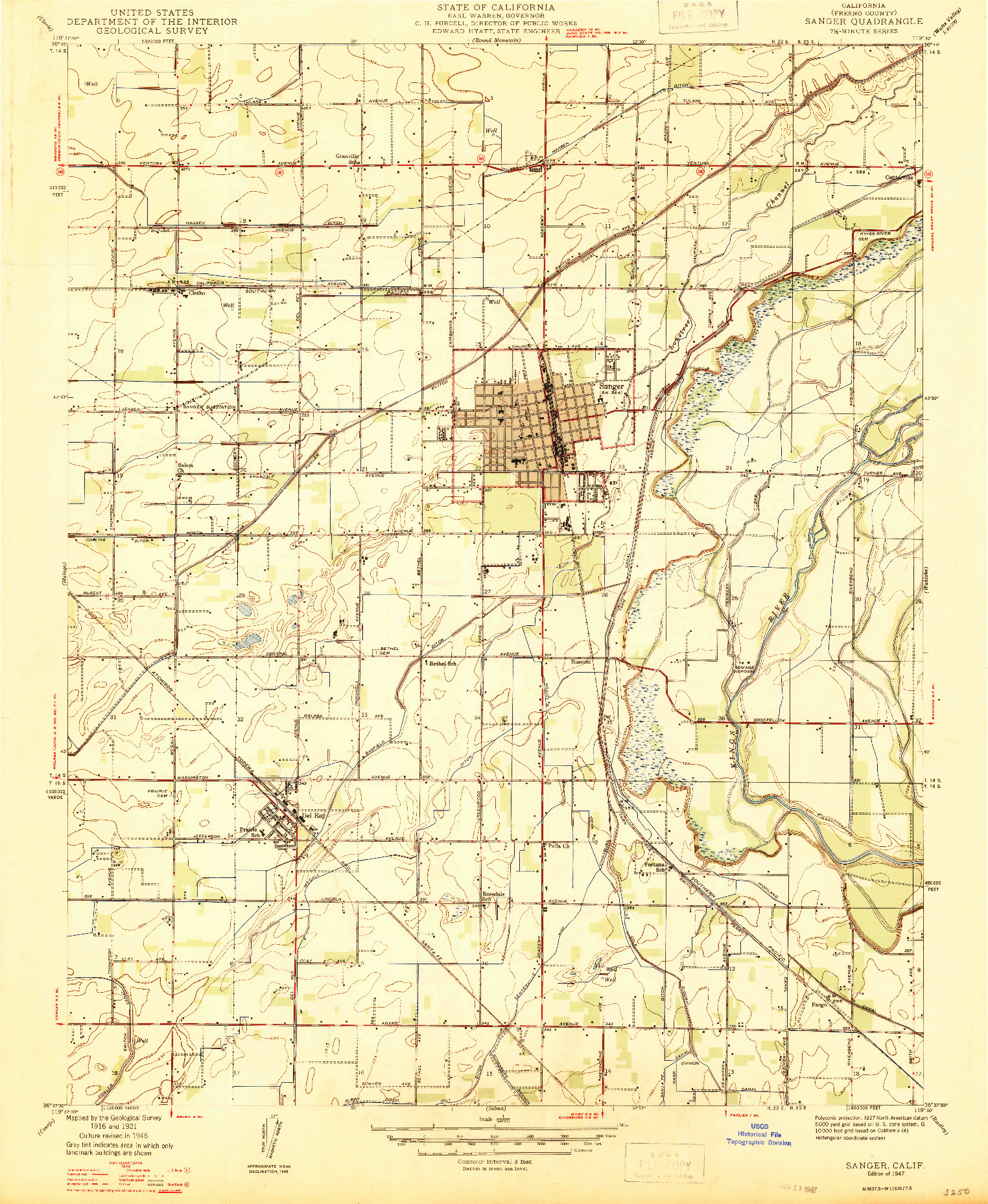 USGS 1:24000-SCALE QUADRANGLE FOR SANGER, CA 1947