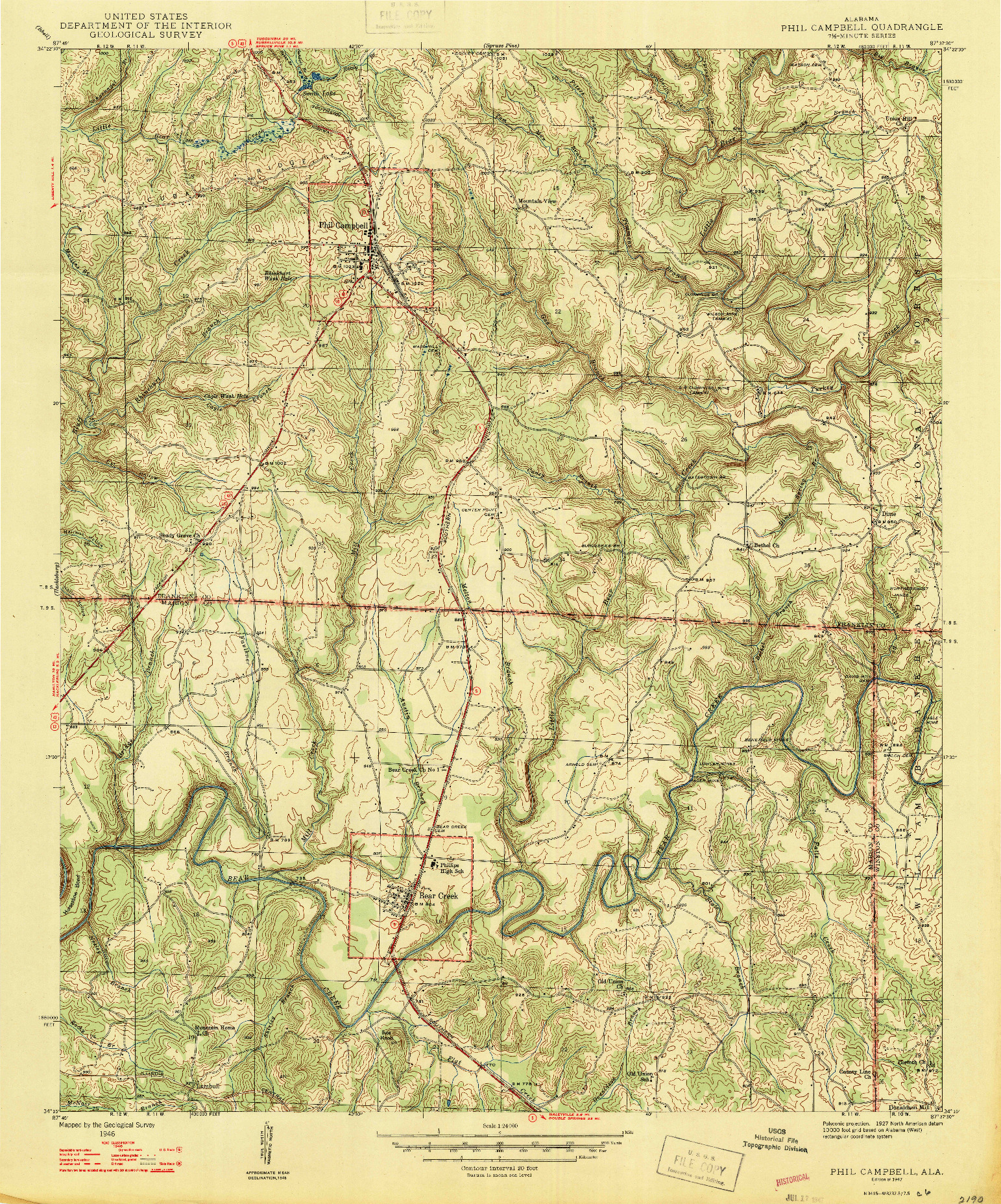 USGS 1:24000-SCALE QUADRANGLE FOR PHIL CAMPBELL, AL 1947