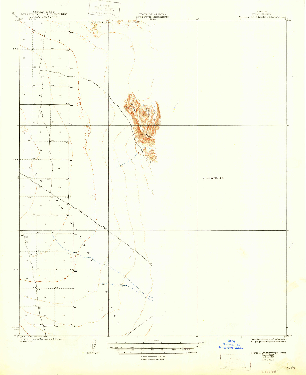 USGS 1:62500-SCALE QUADRANGLE FOR AGUILA MOUNTAINS, AZ 1930