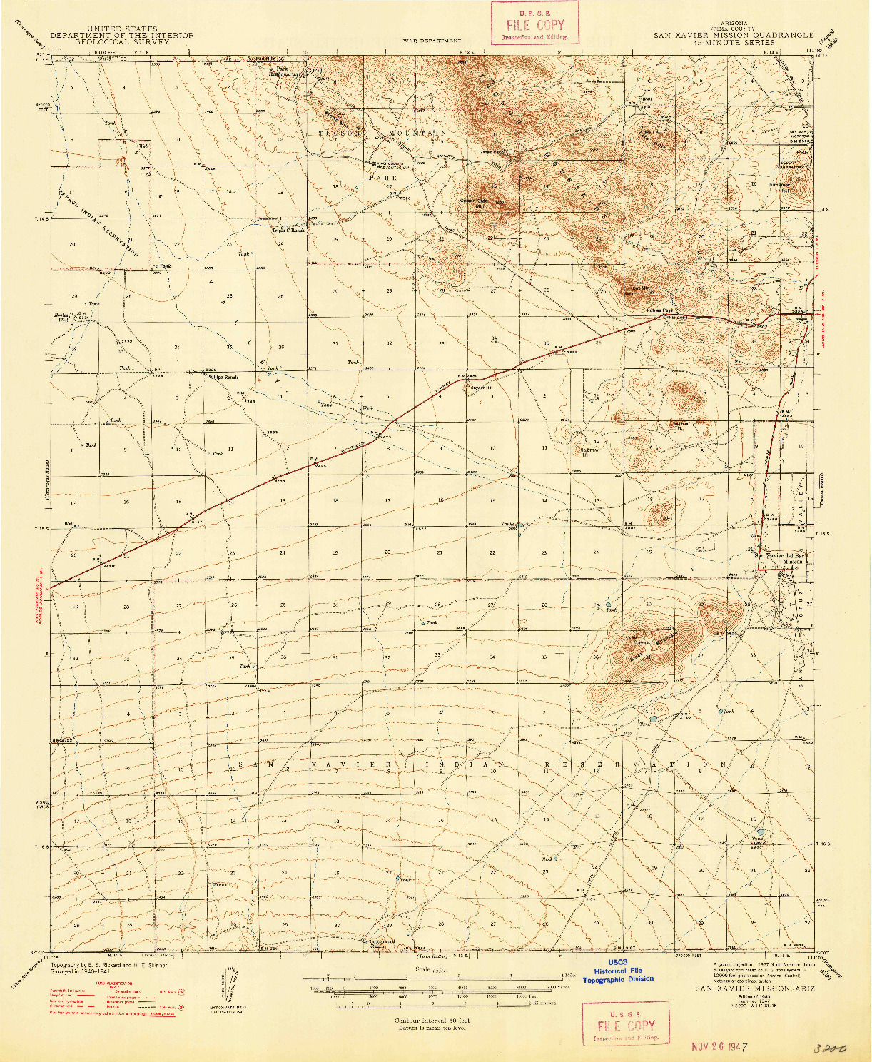 USGS 1:62500-SCALE QUADRANGLE FOR SAN XAVIER MISSION, AZ 1943
