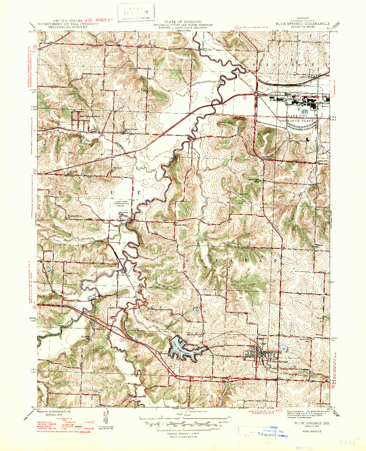 USGS 1:31680-SCALE QUADRANGLE FOR BLUE SPRINGS, MO 1947