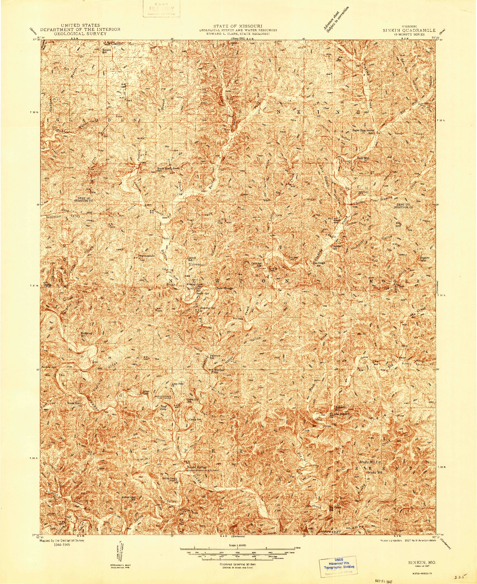 USGS 1:48000-SCALE QUADRANGLE FOR SINKIN, MO 1947