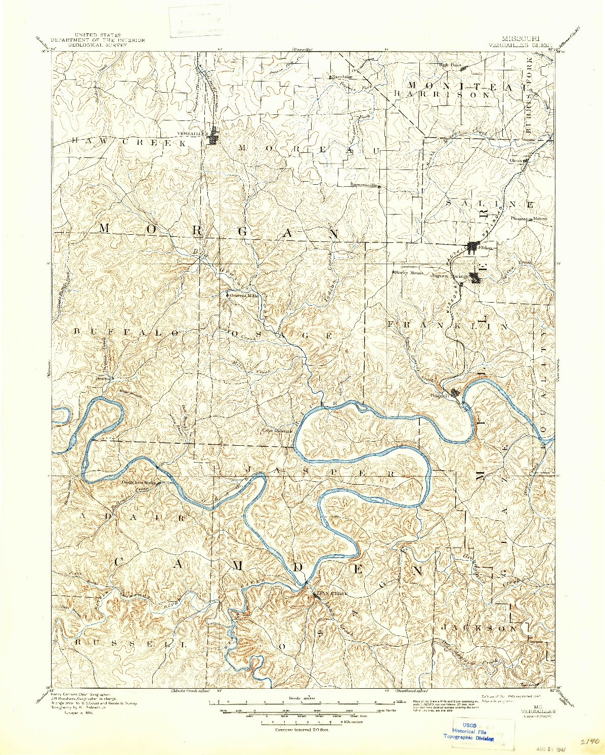 USGS 1:125000-SCALE QUADRANGLE FOR VERSAILLES, MO 1893