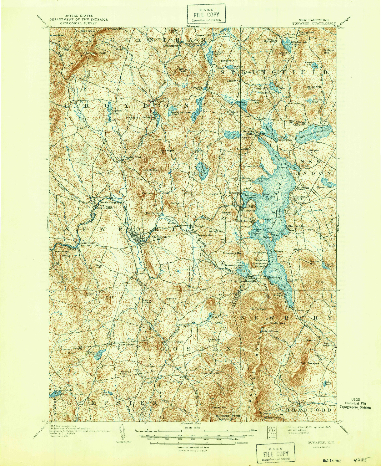 USGS 1:62500-SCALE QUADRANGLE FOR SUNAPEE, NH 1907