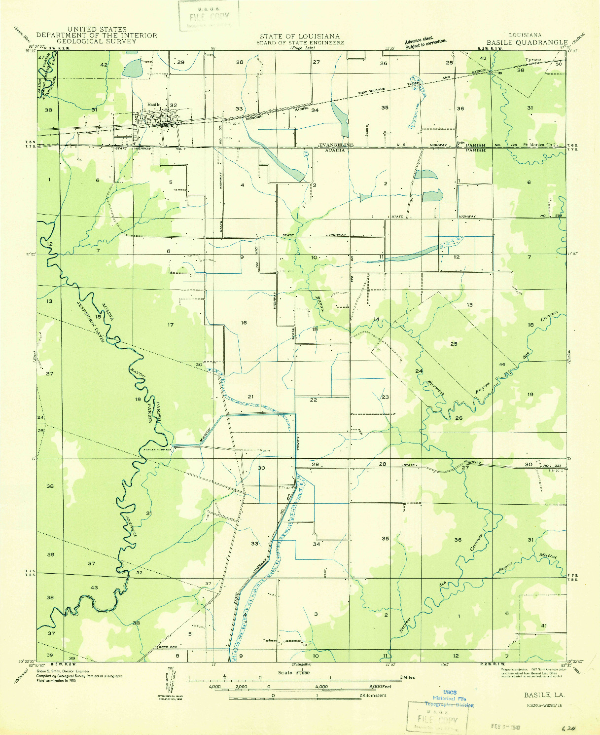 USGS 1:31680-SCALE QUADRANGLE FOR BASILE, LA 1947