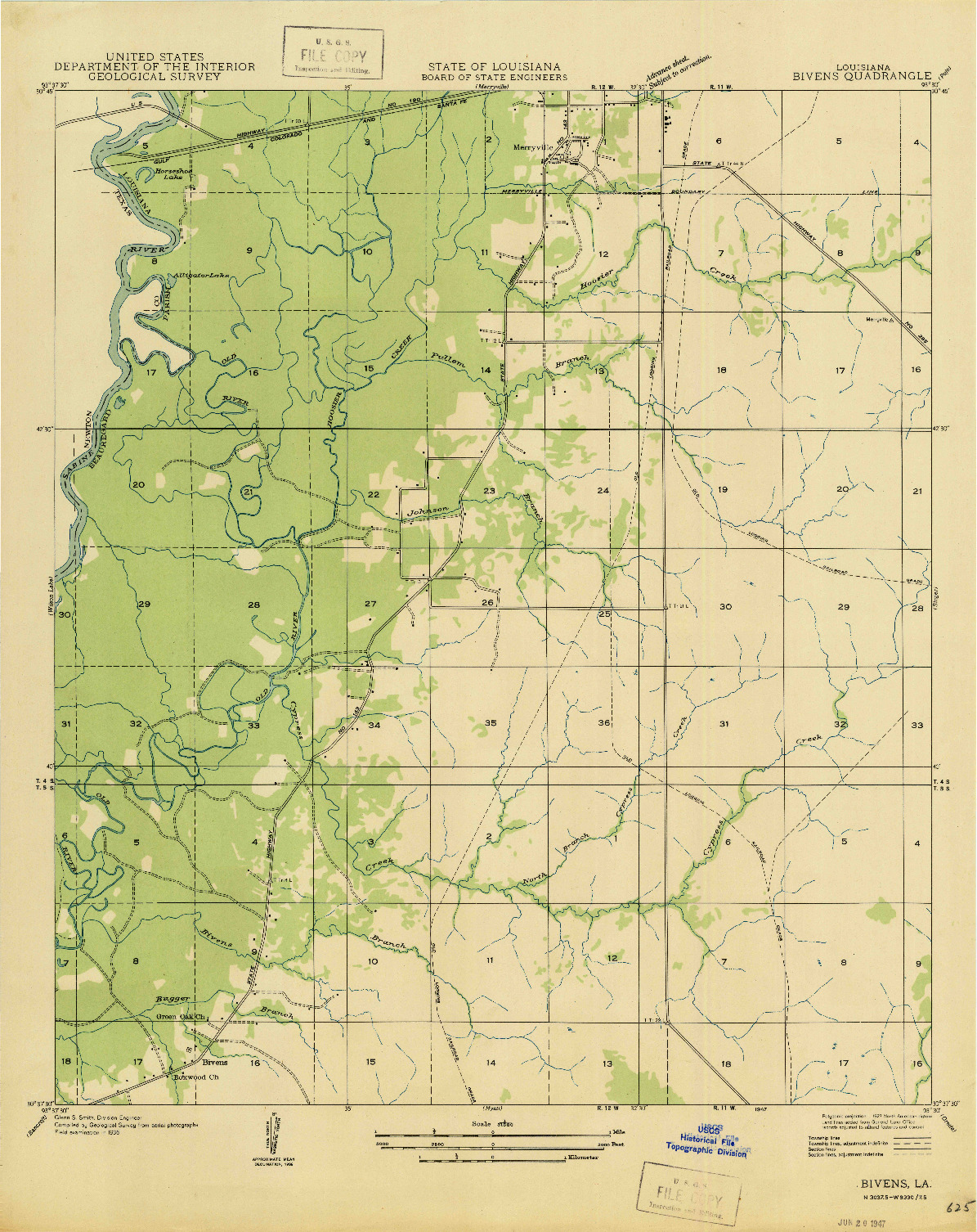 USGS 1:31680-SCALE QUADRANGLE FOR BIVENS, LA 1947